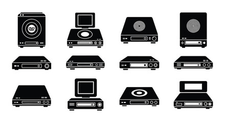 Black silhouette icons representing various vintage and modern media players