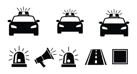 Black silhouette icons depicting police vehicles loudspeakers and warning signals © Nayem