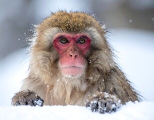 Fototapeta premium Close-up of a monkey's face peering out of a snow bank