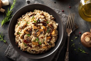 Rich risotto ai funghi porcini served in a dark bowl with herbs and mushrooms on a textured background