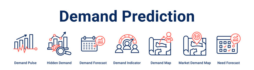 Demand Prediction web banner icon vector illustration concept for business with icon of Demand Pulse, Hidden Demand, Demand Forecast, Demand Indicator, Demand Map, Market Demand Map.