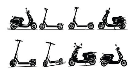 Collection of black silhouette images featuring scooters and electric kick scooters