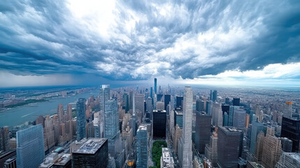 Stormy skyline with dramatic rain laden cloud above skyscraper city, moody urban atmosphere