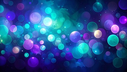 Colorful abstract bokeh background with glowing circles in blue, teal, purple, and pink hues.