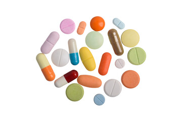 Various colorful pills and capsules on white background, various medicines, vitamins and supplements in healthcare and pharmacy concept.