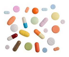 Various colorful pills and capsules on white background, various medicines, vitamins and supplements in healthcare and pharmacy concept.