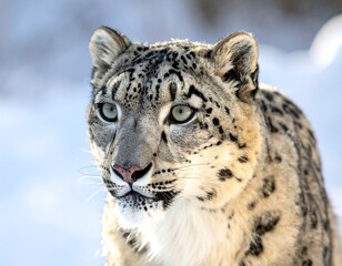 Naklejka premium Close-up of a snow leopard amidst winter snow, focused gaze