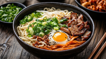 Ramen noodle bowl with grilled pork egg scallion garnish and pickled vegetables