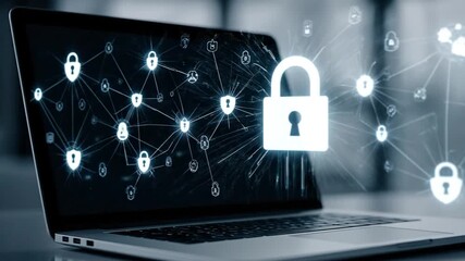 Laptop screen displays digital security network with interconnected padlocks and glowing elements - Footage - Powered by Adobe