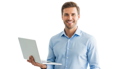 Smiling businessman holding a laptop computer on a black background