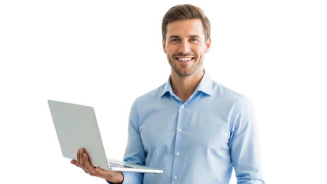 Smiling businessman holding a laptop computer on a black background - Powered by Adobe
