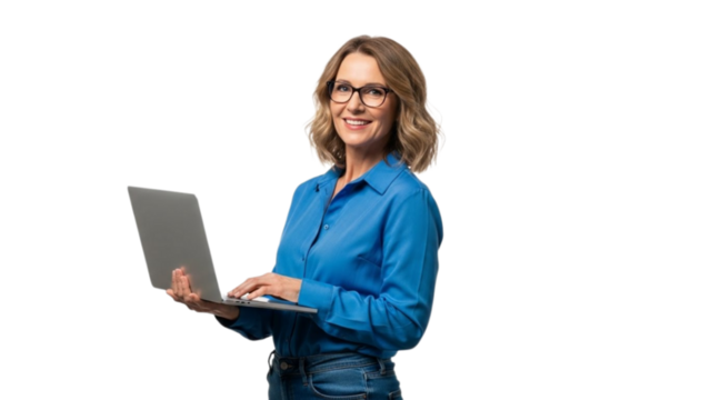 Smiling woman in glasses holding a laptop computer and typing - Powered by Adobe