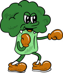 Broccoli Mascot Doing Boxing, Healthy Lifestyle Retro Groovy Cartoon Illustration