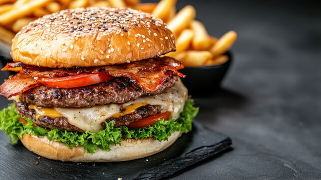 Double cheeseburger with bacon lettuce tomato and fries, juicy gourmet comfort food - Powered by Adobe