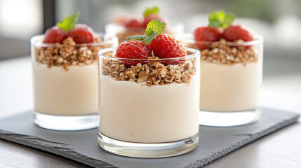 Creamy parfait granola strawberry mint garnish, smooth yogurt parfait with crunchy topping