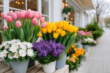 Colorful tulips and spring flowers outside flower shop