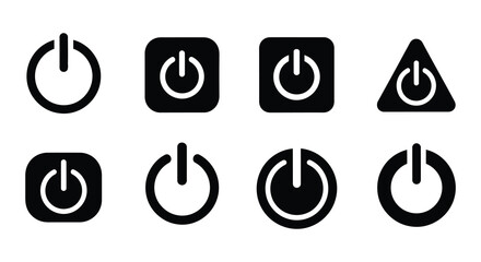 Collection of black power button icons in various shapes and designs