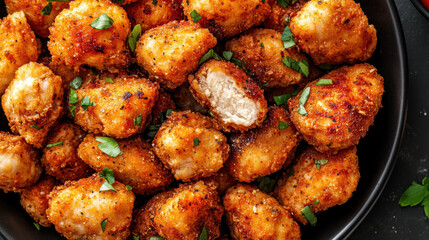 Crispy golden fried chicken bite with herbs, savory and crunchy