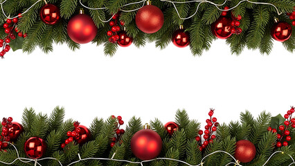 Christmas Pine Branch Border with Red Ornaments and Berries &ndash; AI Generated