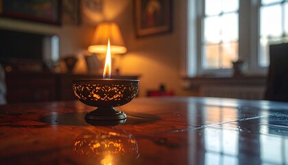 Warm candlelit room with wooden tables, cozy glow, sunlight through windows, serene vintage ambiance.