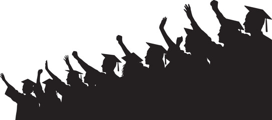 Silhouette group of graduates raising hands in celebration, symbolizing academic achievement, success, joyful ceremony moment, education milestone event in vector illustration