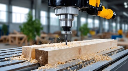 CNC machine drilling wood in woodworking factory