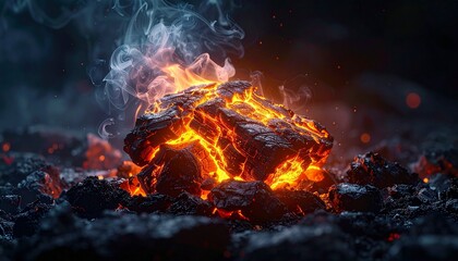 Close-up of burning fire with charred logs, bright orange flames and swirling smoke in dramatic detail.
