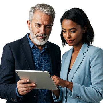 Two diverse business professionals a man and a woman collaborating and looking at a tablet computer together isolated on transparent background