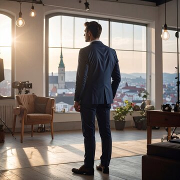 Businessman in Suit Standing by Window Overlooking Cityscape at Sunset.