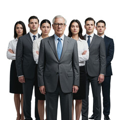 Diverse group of business professionals standing together in suits and formal attire isolated on transparent background