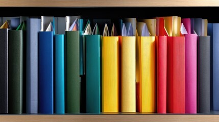 Colorful Collection of Document Folders Organized on a Modern Wooden Shelf with Vibrant Shades and Neat Arrangement