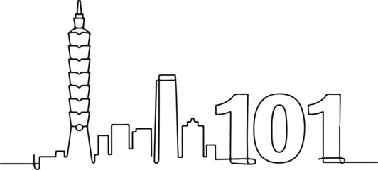 Obraz premium Continuous Line Taipei Skyline with City Blocks Leading to Taipei One Zero One Minimal Artistic Illustration
