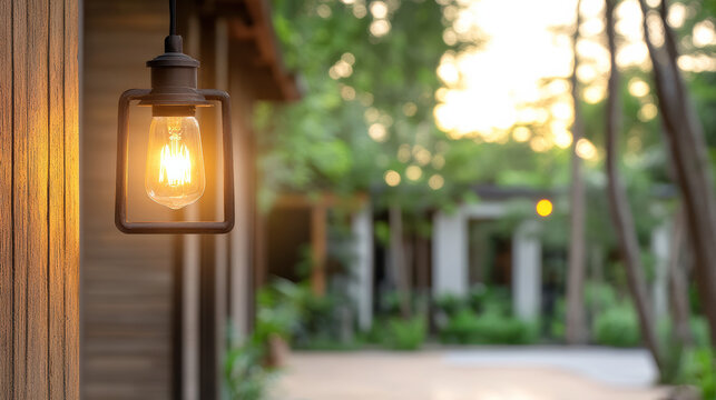 Warm outdoor porch lantern glowing at dusk with blurred garden pathway and trees - Powered by Adobe