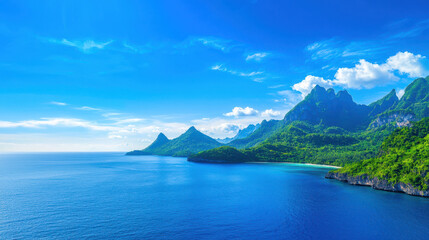 Fototapeta premium Stunning ocean view with lush green mountains under bright blue sky, creating serene and peaceful atmosphere