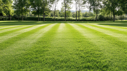 Fototapeta premium Fresh green lawn with striped mowing pattern and tree border, peaceful sunny scene