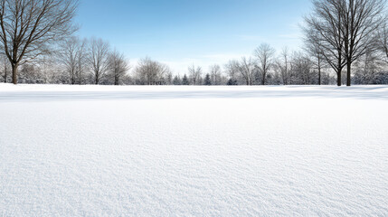 Snowy field with bare trees under blue sky, calm winter scene