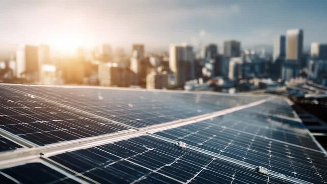Solar panels with cityscape background