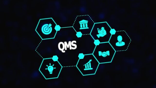Quality management system concept for business and industrial technology, featuring QMS, quality assurance, certification, and process management solutions.