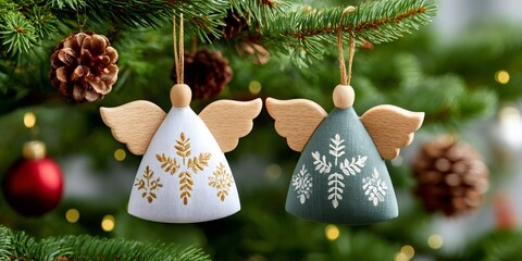 Naklejka premium White and green wooden angels hanging on Christmas tree