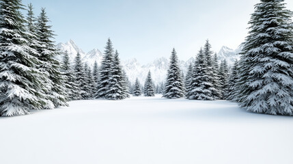 Obraz premium Snowy evergreen forest with distant mountain peaks evoking calm winter serenity