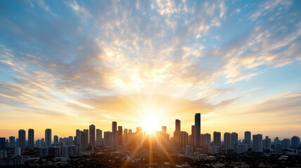 Fototapeta premium Sunrise skyline cityscape silhouette sunburst over modern highrise skyline with glowing sky