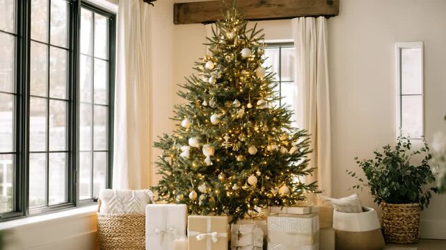 Decorated Christmas tree with gift boxes arranged in a cozy home interior