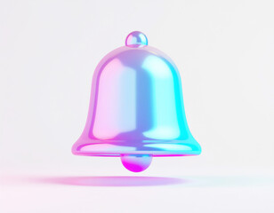 Glossy 3D bell in pink, purple, and cyan gradients with smooth reflective surface—modern digital symbol for alerts and notifications.