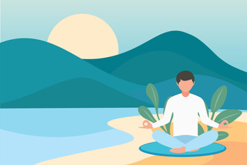 Morning meditation on peaceful beach sunrise