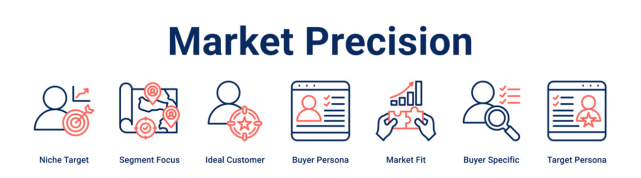 Market Precision web banner icon vector illustration concept for business with icon of Niche Target, Segment Focus, Ideal Customer, Buyer Persona, Market Fit, Buyer Specific.