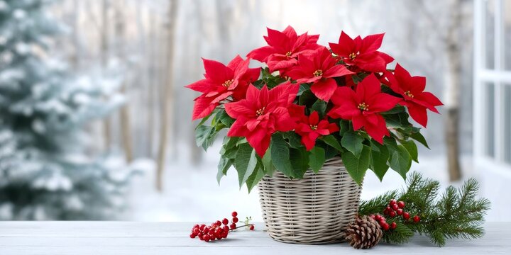 Poinsettia plant in basket decorating winter window scene