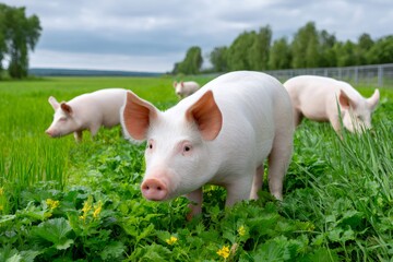 Young pigs pasturing in green rural farm field