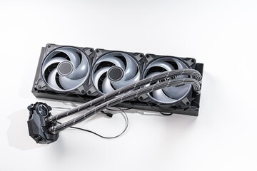 A sleek, high-performance liquid cooling system for CPU, isolated on a clean white background. Ideal for PC building, gaming setups, and showcasing advanced cooling technology.