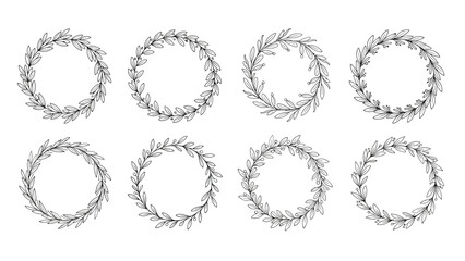 Obraz premium Set of eight delicate hand-drawn botanical leaf wreath designs