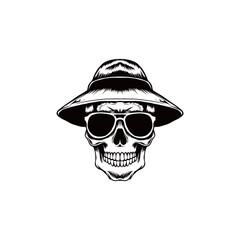 black and white illustration of a skull wearing a hat and glasses hand drawn